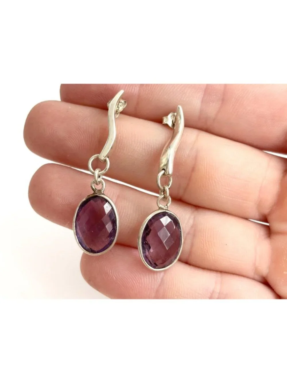 Amethyst Gemstone Swirly Minimalist Vintage Sterling Silver 925 Earrings